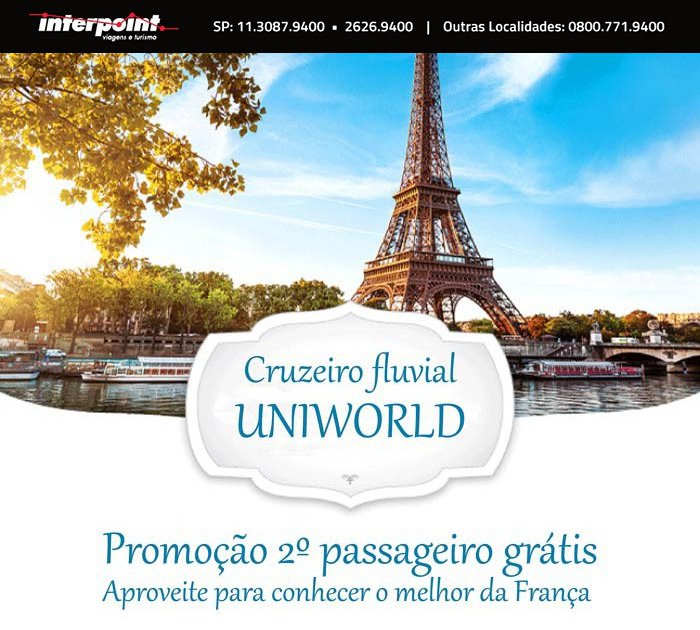 Promoção 2x1 Uniworld. Aproveite esta oportunidade para conhecer o melhor da França