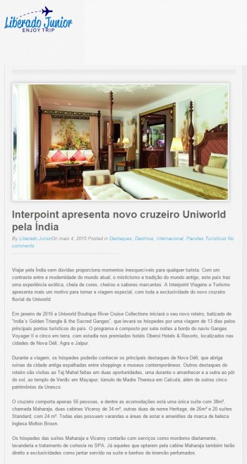 Interpoint apresenta novo cruzeiro Uniworld pela Índia